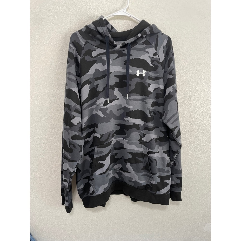 Under Armour Hoodie Men XL Gray Camo Excellent Fleece Pullover Rival Sport